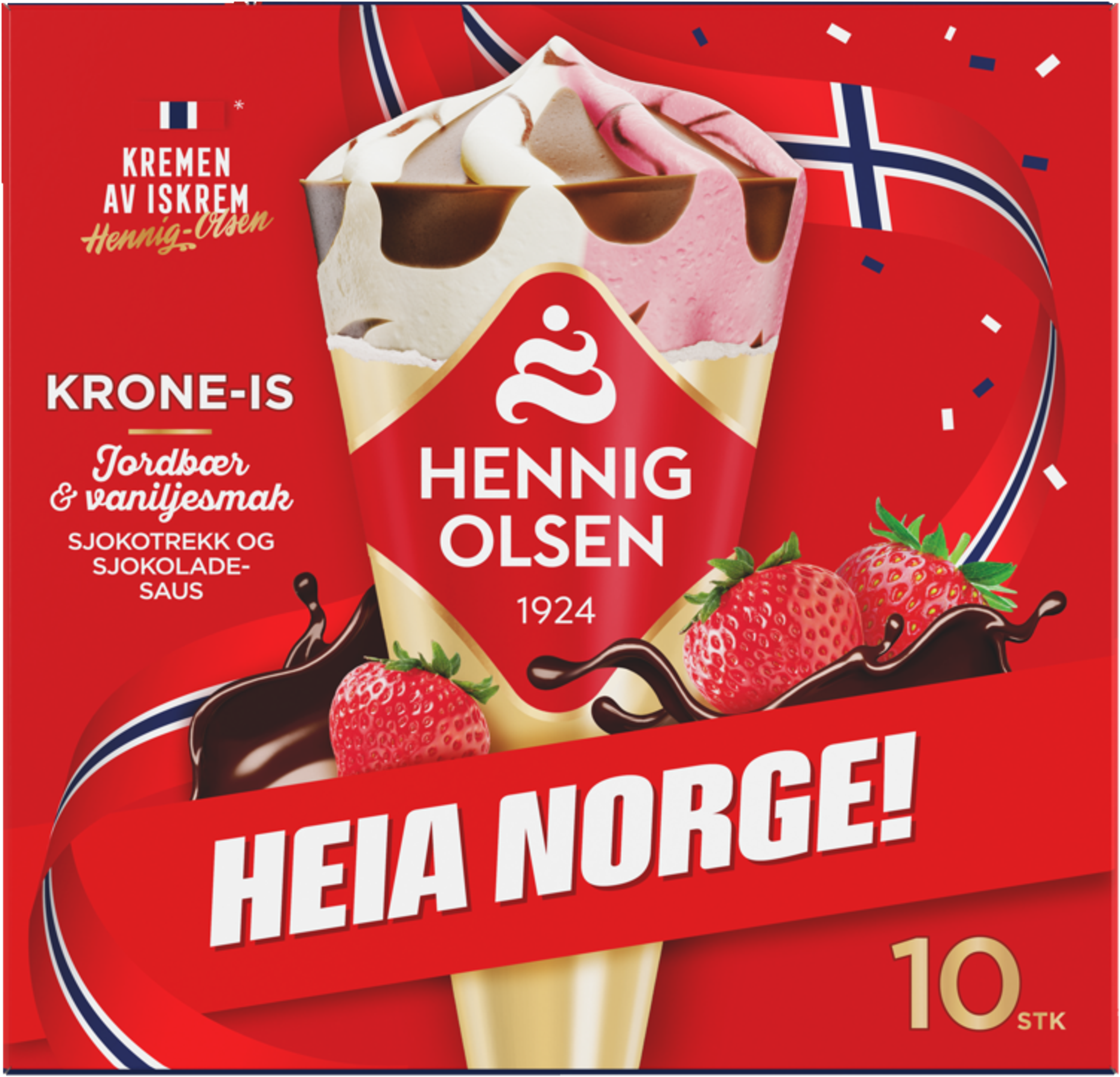 Krone-is Heia Norge – Vaniljesmak, Jordbær & Sjokosmak 10stk - 1N