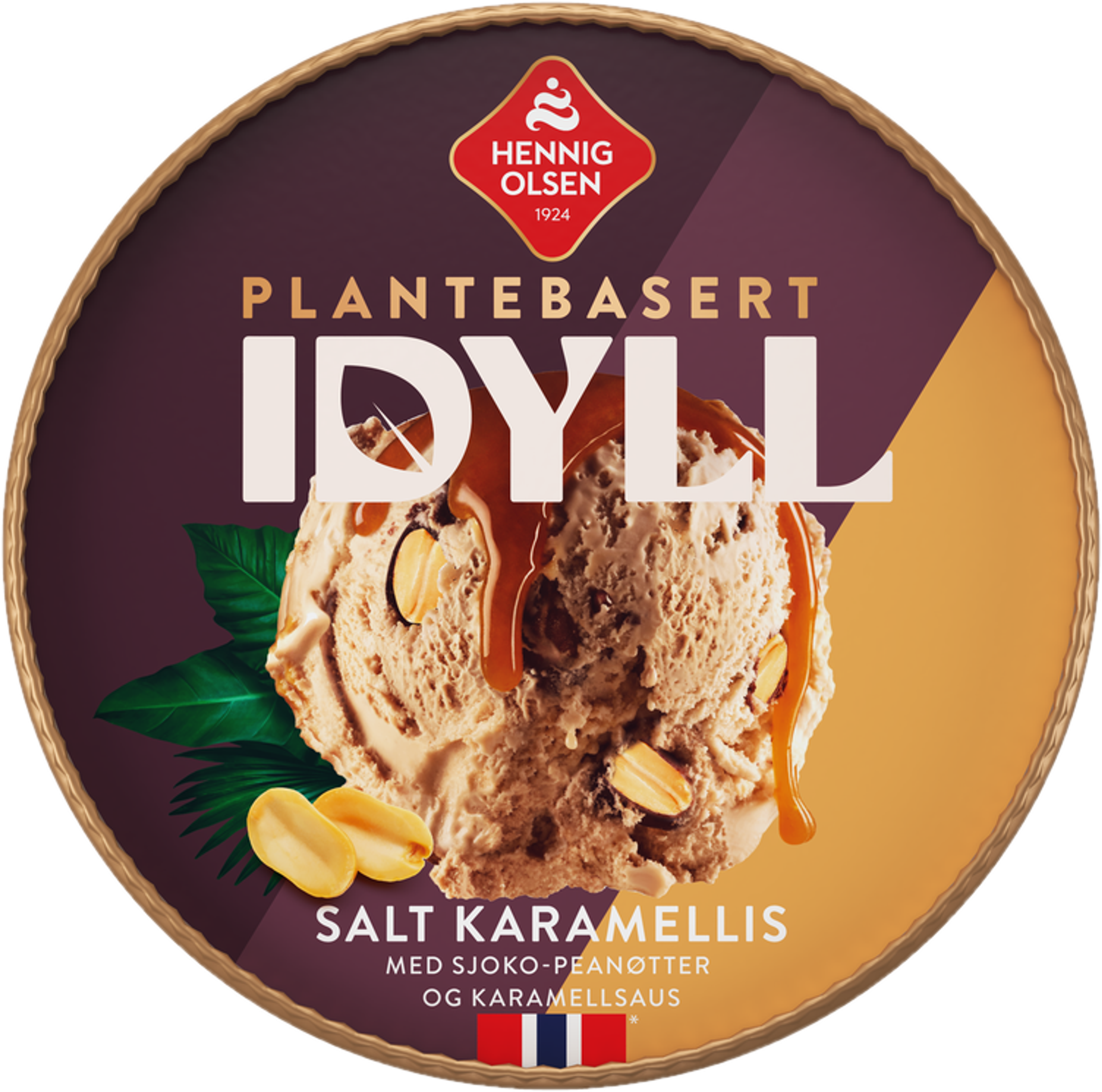 Idyll Salt Karamell Plantebasert Salt Karamellis i Beger med Sjokoladedragerte Peanøtter og Salt Karamellsaus - 3N