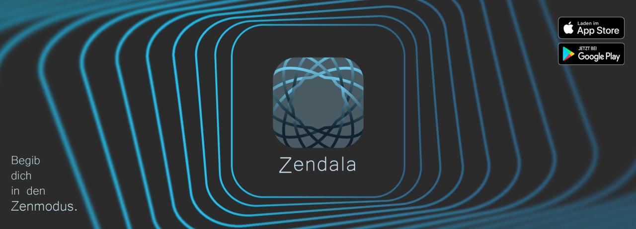 Werbeanzeige für die fiktive Meditations-App 'Zendala'. In der Mitte ist das Icon der App zu sehen, das aus mehreren blauen Linien besteht, die wie in einem Mandala kreisförmig angeordnet sind. In den Ecken steht der Slogan 'Begib dich in den Zenmodus' und dass die App bei Google Play und Apple Store erhältlich ist.