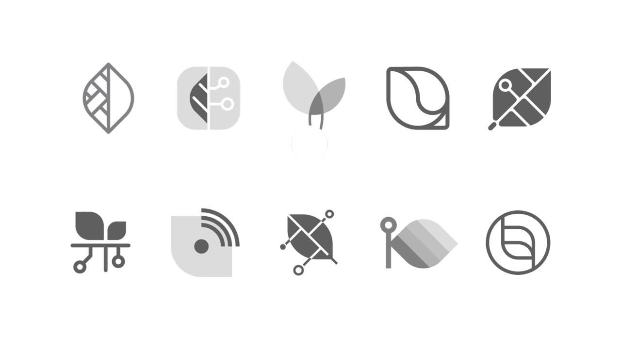 Zehn unterschiedliche Logo-Varianten mit visuellen Elementen, die an Blättern und Chip-Halbleitern erinnern