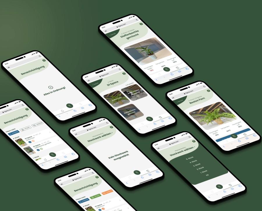 Mehrere Smartphones, welche angewinkelt das Aussehen der App 'plantissima' zeigen