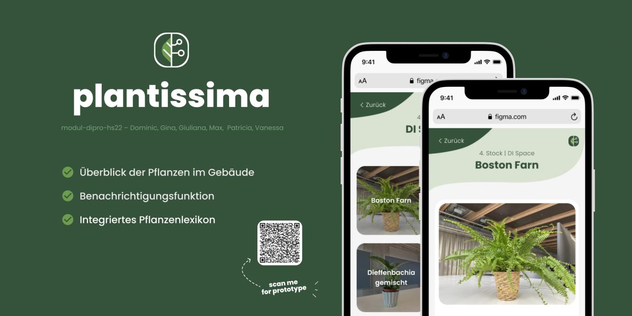 Werbebanner über das Projekt mit zwei App-Ansichten, einem QR-Code zum Projekt und den Stickpunkten: Überblick der Pflanzen im Gebäude, Benachrichtigungsfunktion, Integriertes Pflanzenlexikon.