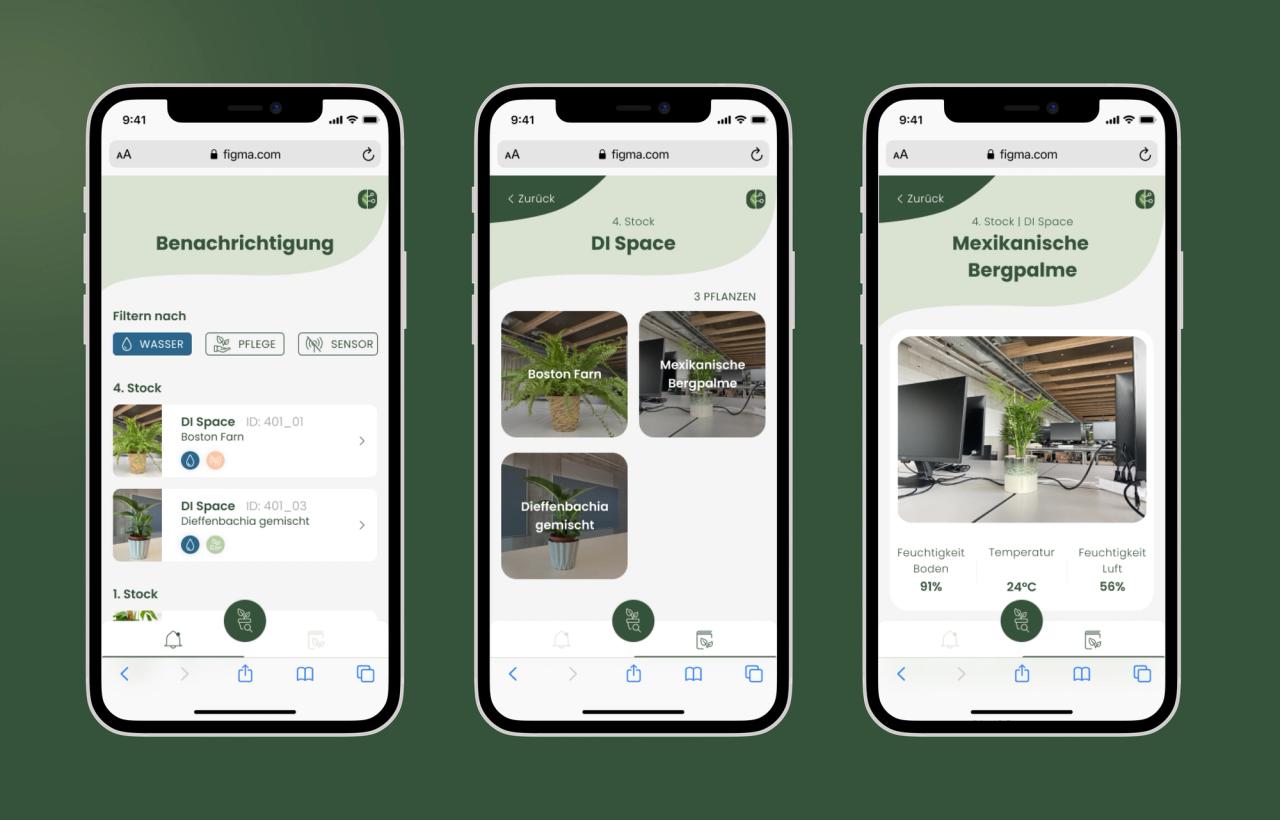 Drei iPhones zeigen jeweils die Benachrichtigungs-, Raum- und die Pflanzen-Ansicht.