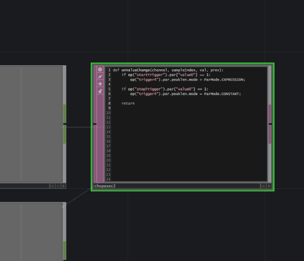 Die Nutzerobefläche vom Programm Touchdesigner. Die Projektdatei ist geöffnet und es wird herausgezoomt, um die technische Komplexität des Projekts zu veranschaulichen.