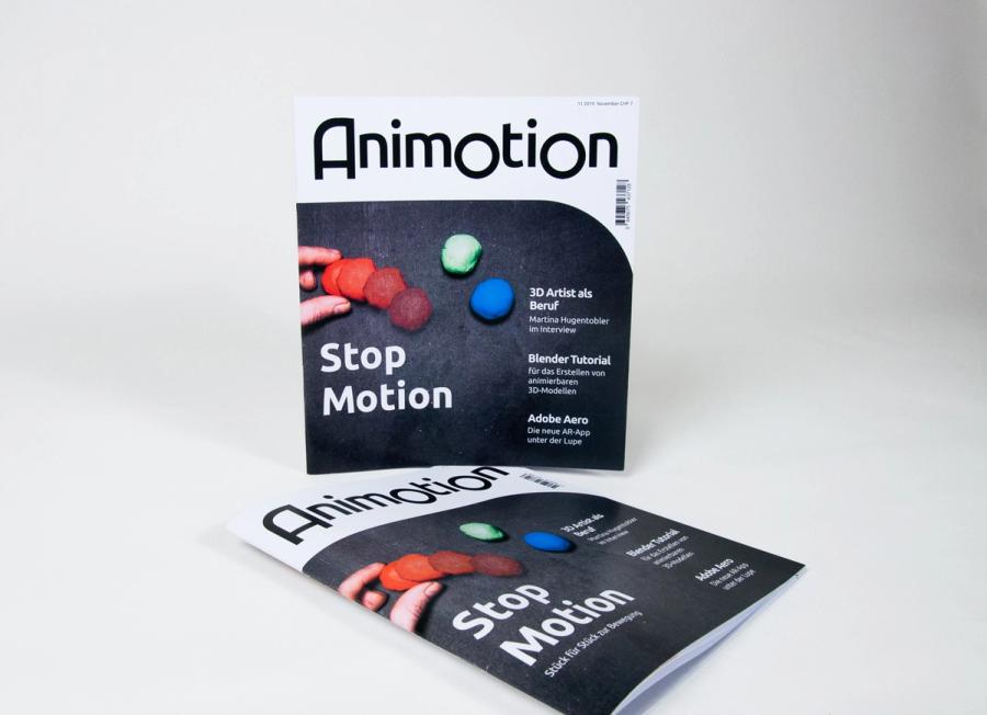 Titelseite der fiktiven Zeitschrift Animotion. Auf der linken Seite steht in großen Buchstaben der Name der Titelgeschichte "Stop Motion". Farbige Kugeln, die Bewegung andeuten, sind auf dem Titelbild zu sehen. Auf der rechten Seite sind noch die anderen Themen des Magazins aufgelistet.