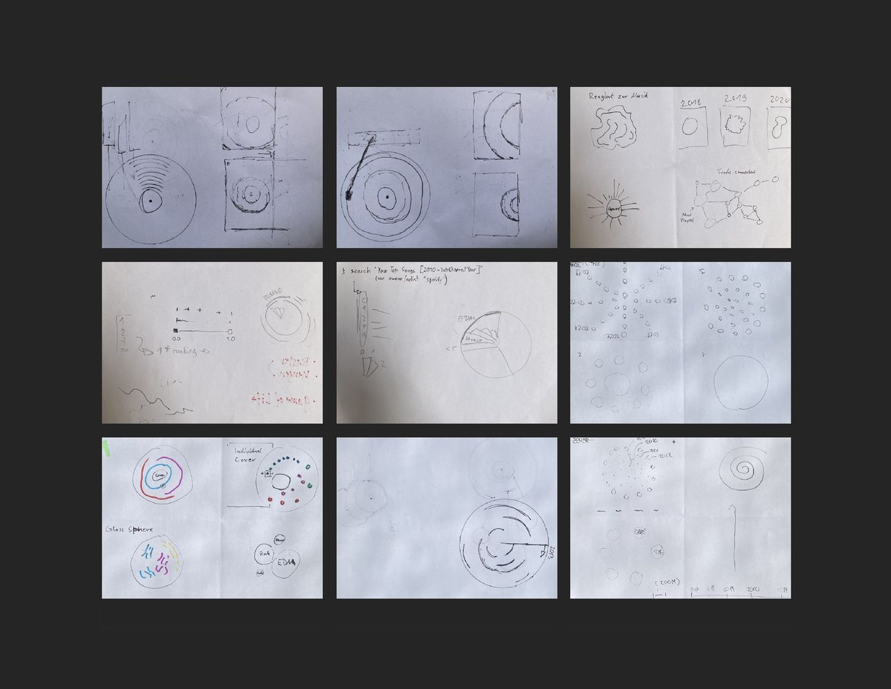 Verschiedene frühe Skizzen auf Papier. Es sind verschiedene Kombinationen, meist bestehend aus einer Zeitachse und ein oder mehreren Kreiselementen, zu sehen, die zum Teil an einer Schallplatte erinnern.