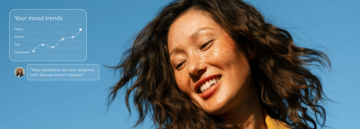 Smiling woman outdoors with mood trends tracking graph and therapist message overlay