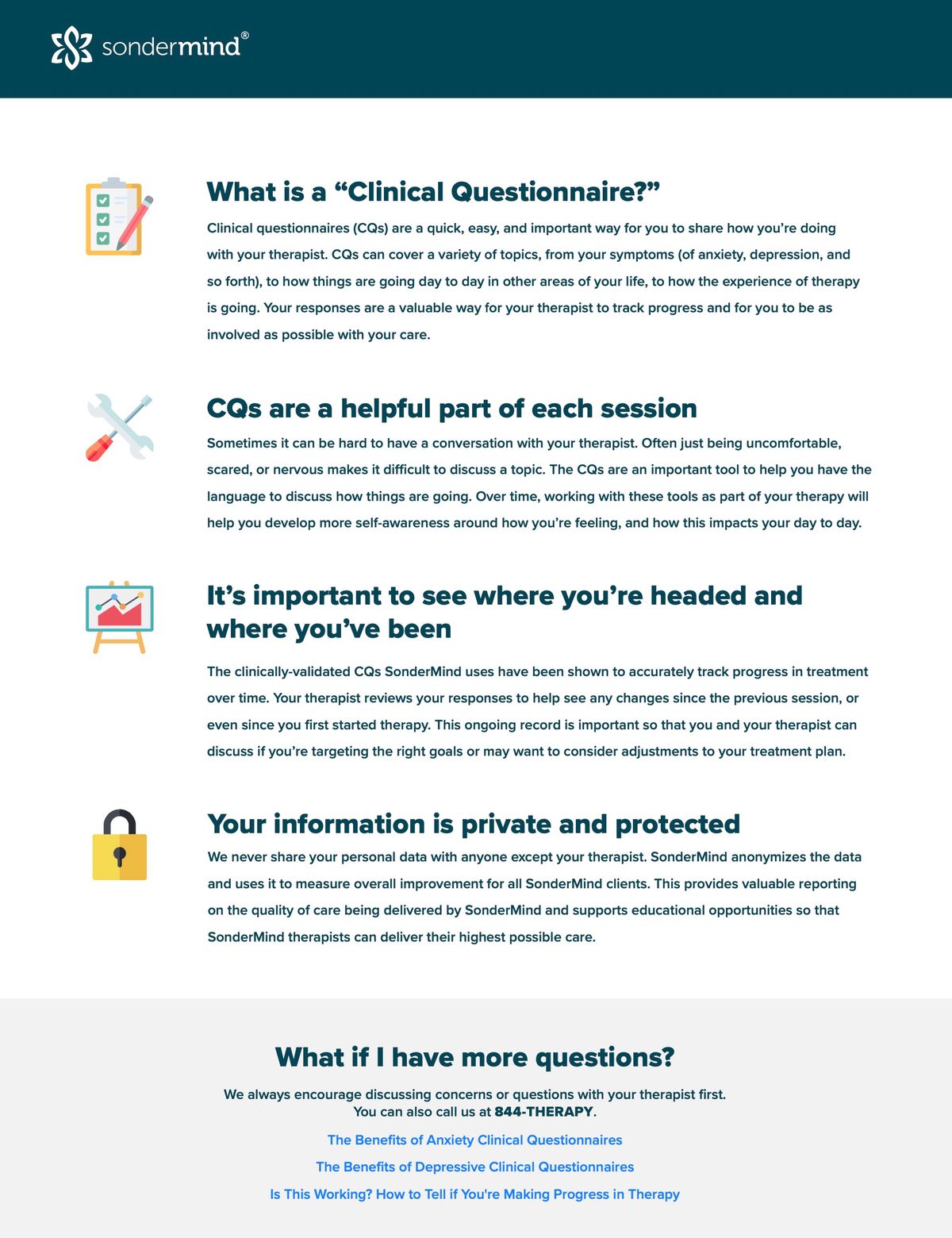 Clinical visual guide demonstrating how standardized questionnaires help measure therapeutic alliance and symptom reduction