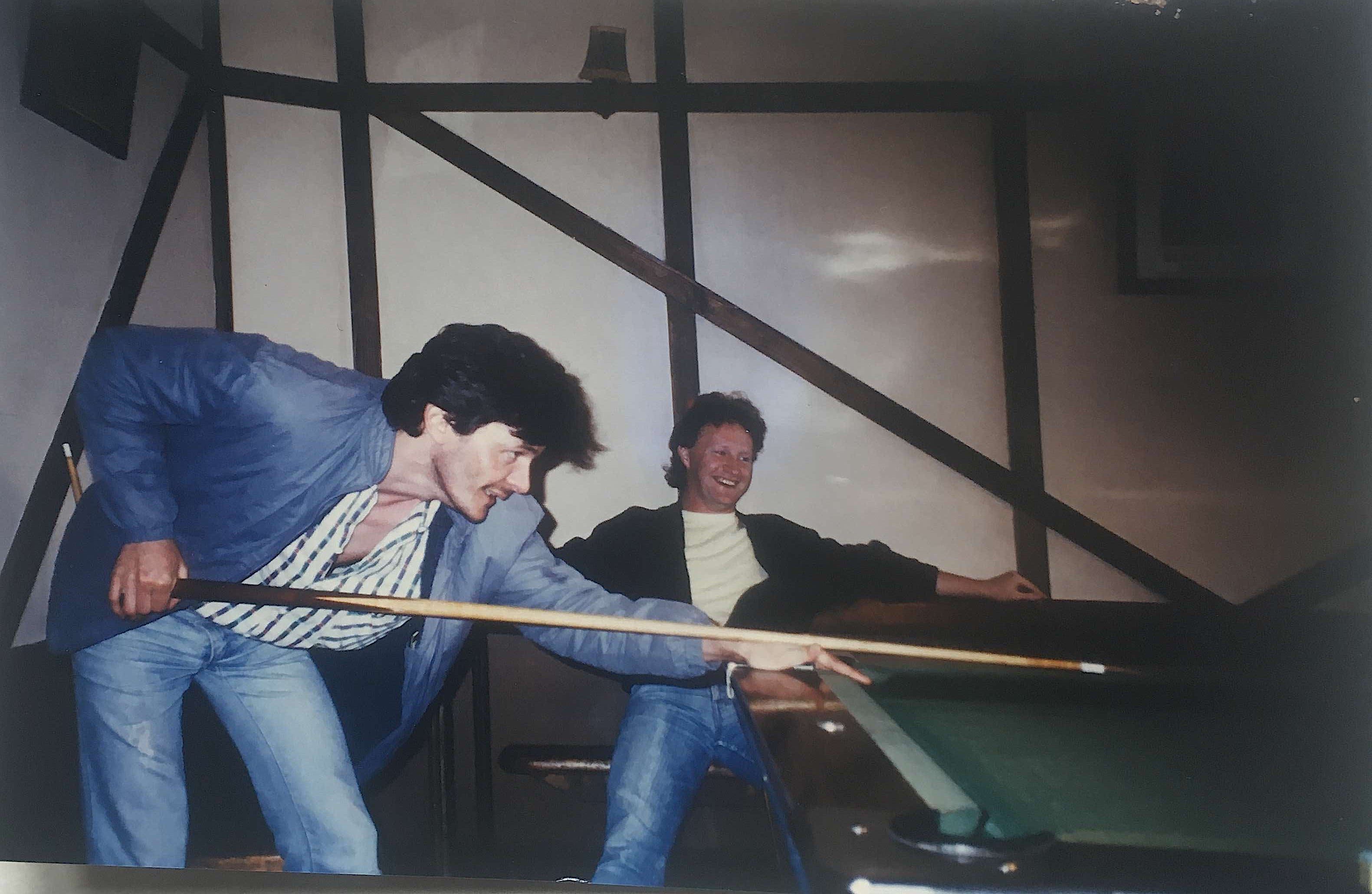 Paul Rodden shooting pool with Micky Gallanagh Buncrana Donegal. Circa 1985.