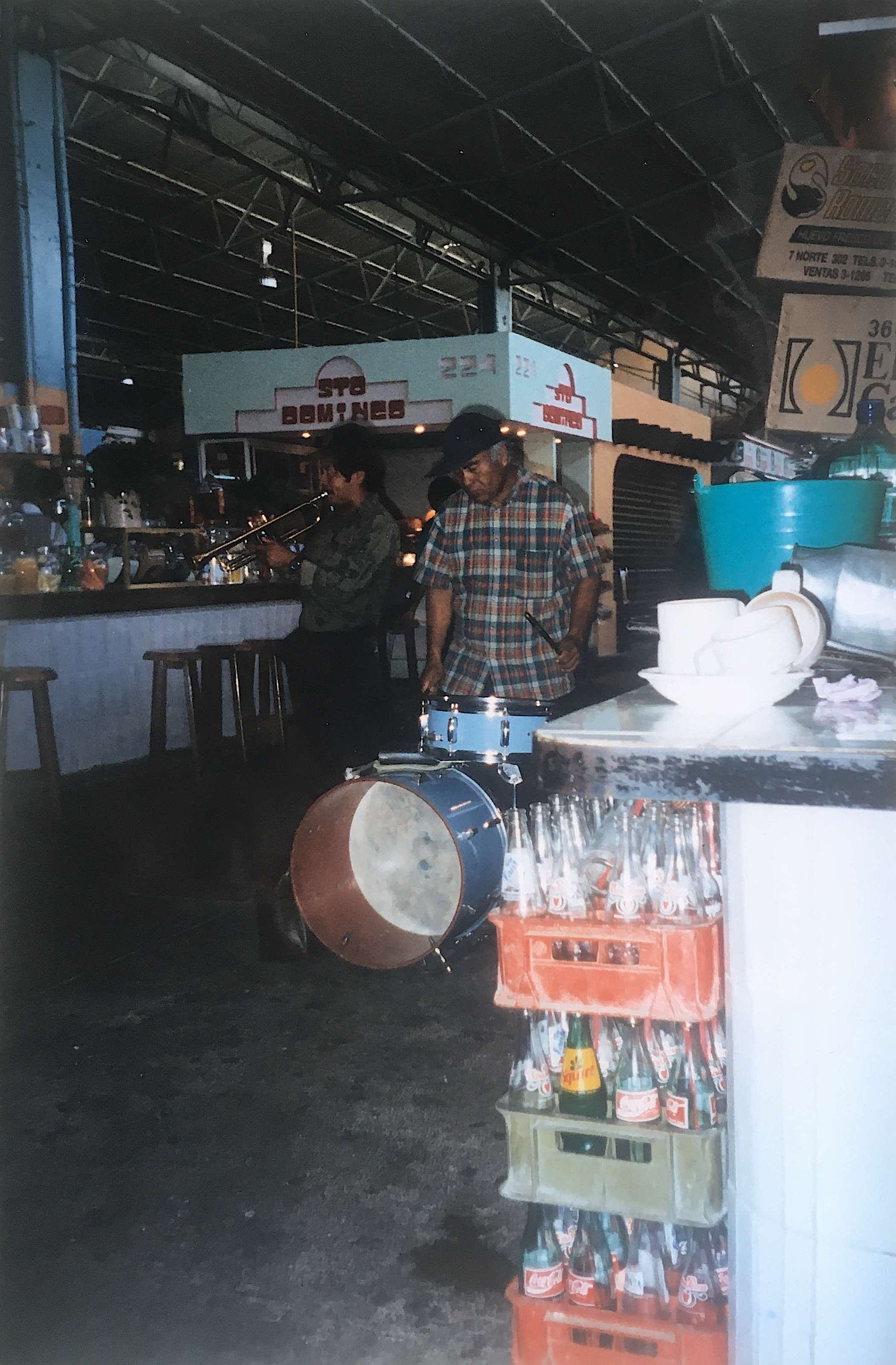 Oaxaca food market Musical buskers.