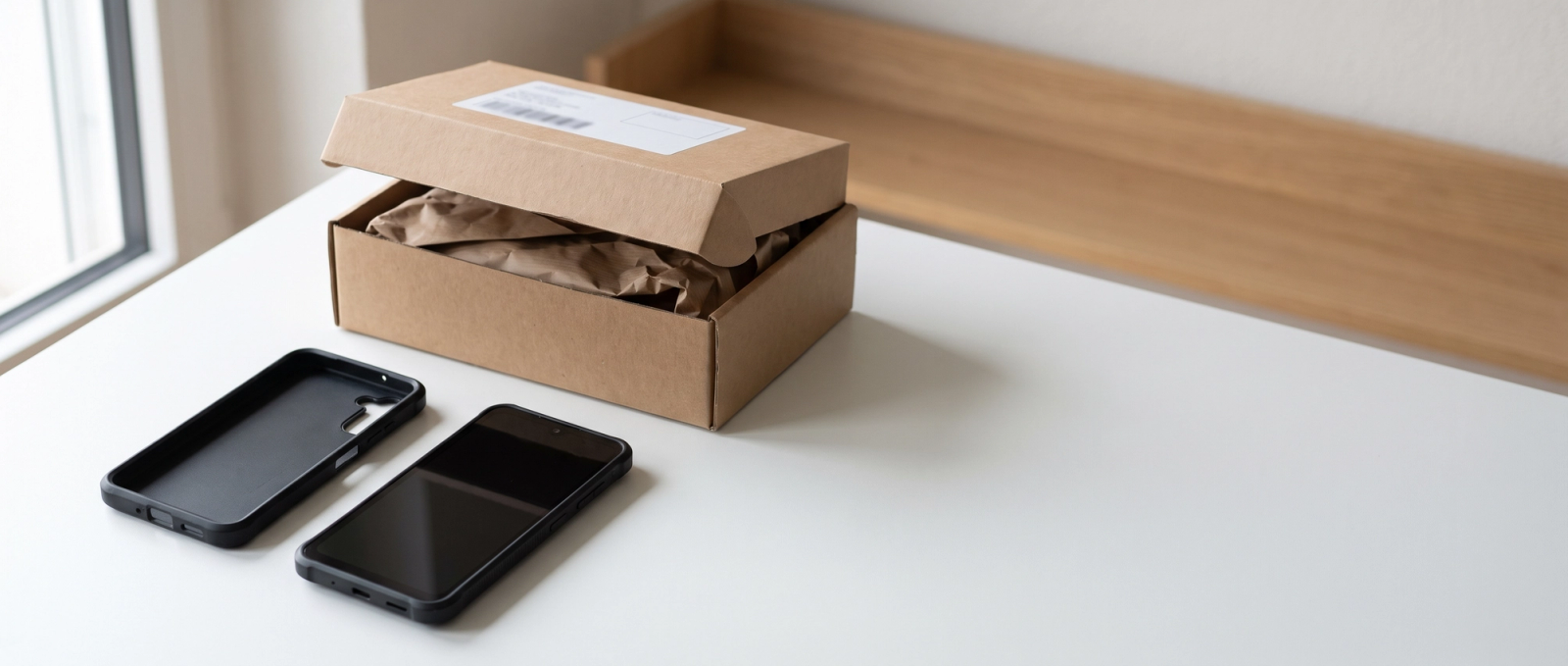 Aufgeräumter Schreibtisch mit frisch geliefertem Paket: Bestellen ohne Reibung