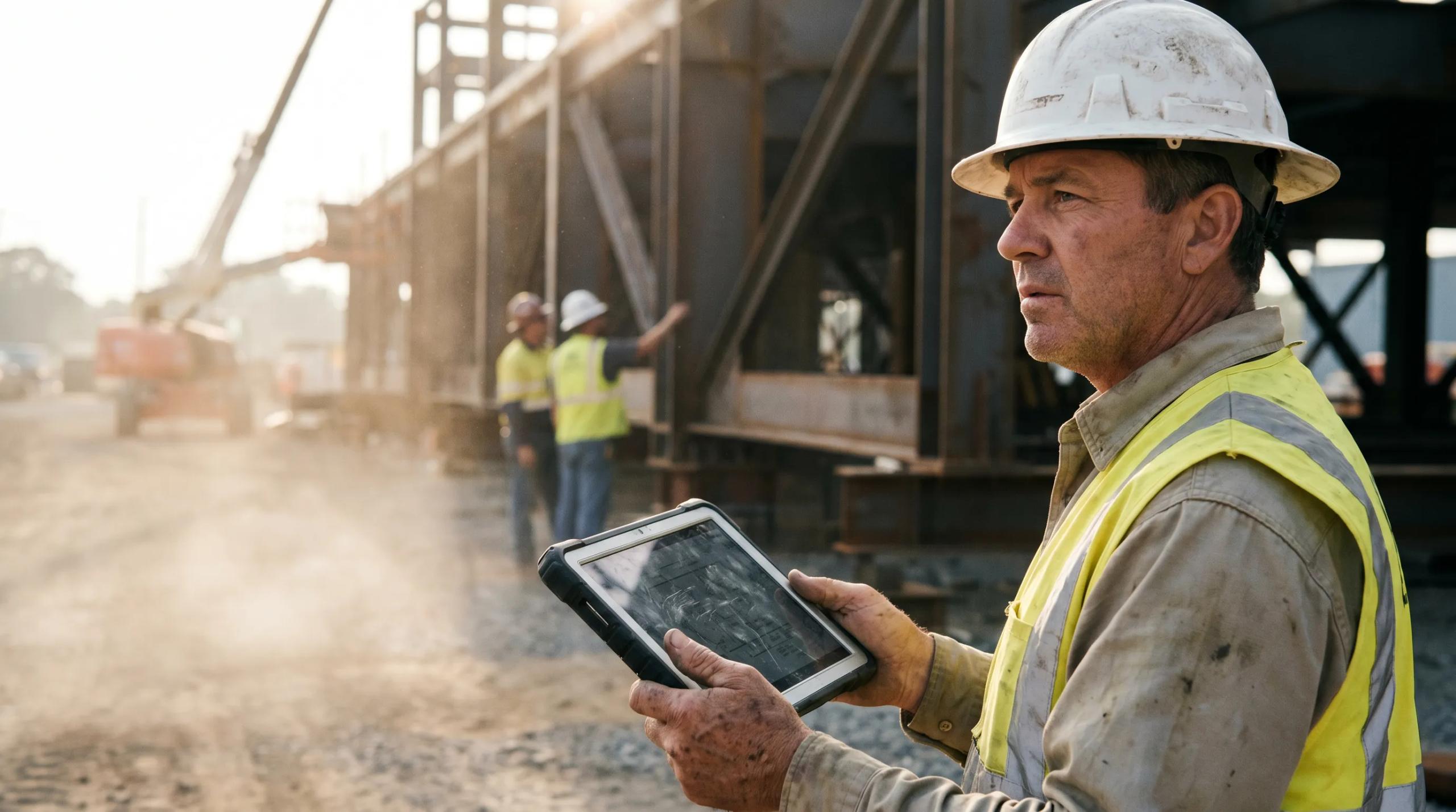 Bauleiter mit robustem Tablet auf einer Schweizer Baustelle