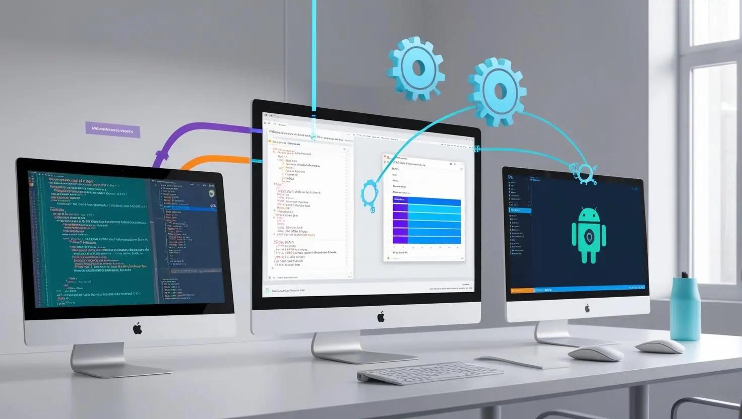 Multiple iMacs displaying Android development environments, source code, and debugging tools, illustrating the importance of IDEs for Android development.