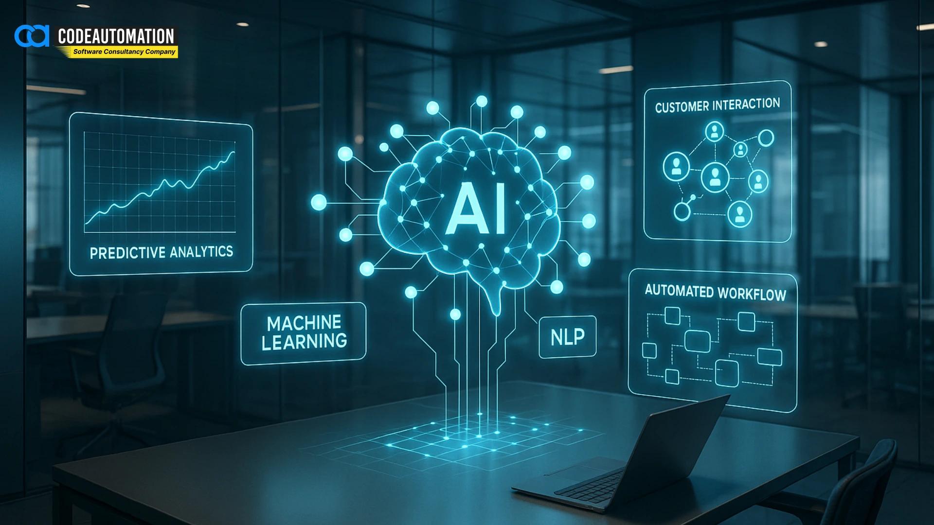 Visual of AI brain with predictive analytics, machine learning, NLP, and automated workflow icons, representing how CodeAutomation.ai as an AI Software Development Company delivers advanced AI Software Development Services tailored to business needs | https://codeautomation.ai/