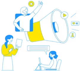 llustration of digital marketing and user engagement for GHL CRM customization and automation services by CodeAutomation.ai, showing people interacting with a megaphone and digital content.