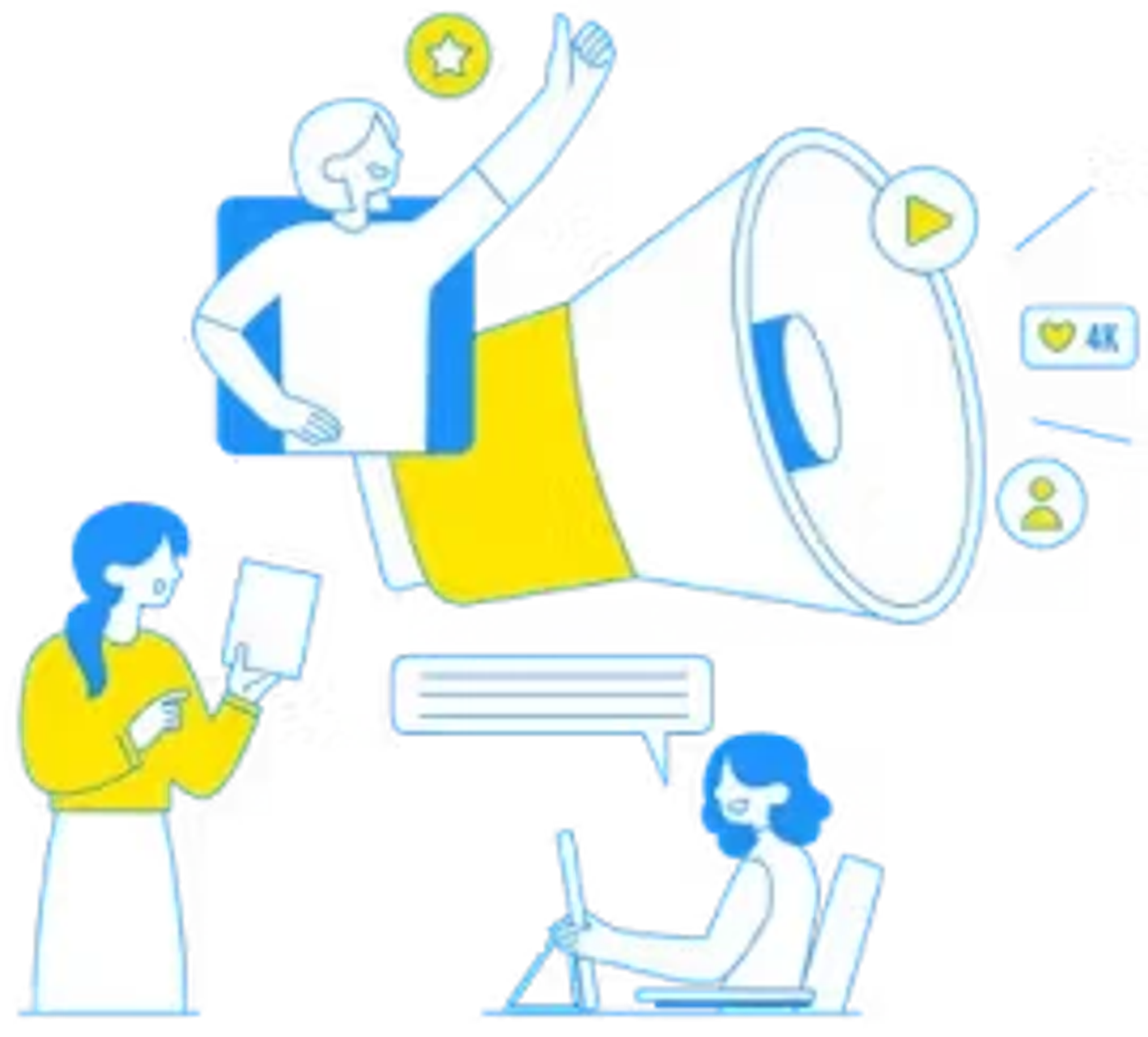 Illustration of digital marketing and user engagement for GHL CRM customization and automation services by CodeAutomation.ai, showing people interacting with a megaphone and digital content