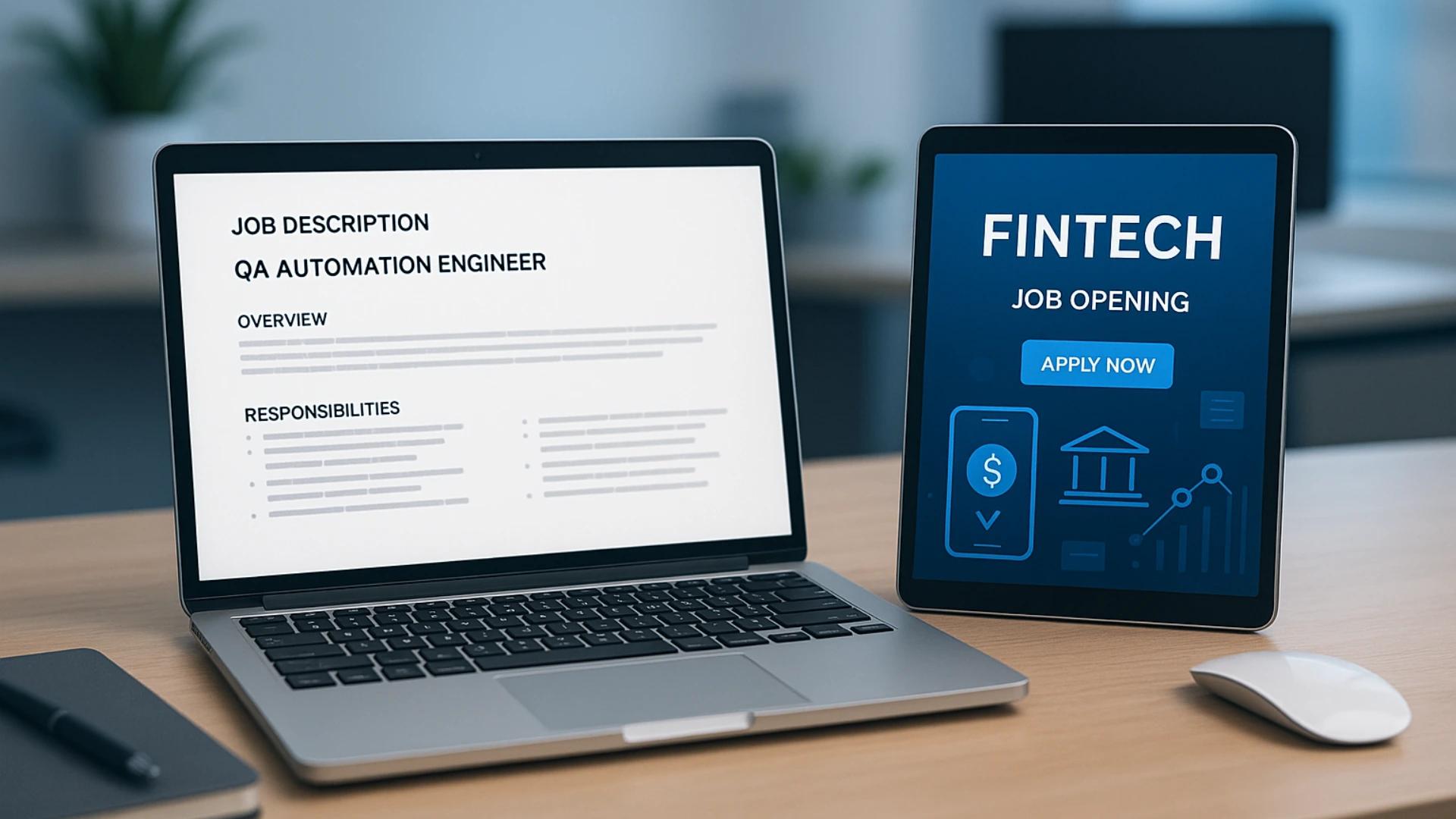 ob description for a QA Automation Engineer displayed on a laptop with a Fintech job opening on a tablet, highlighting the hiring process for automation engineers in the fintech sector.