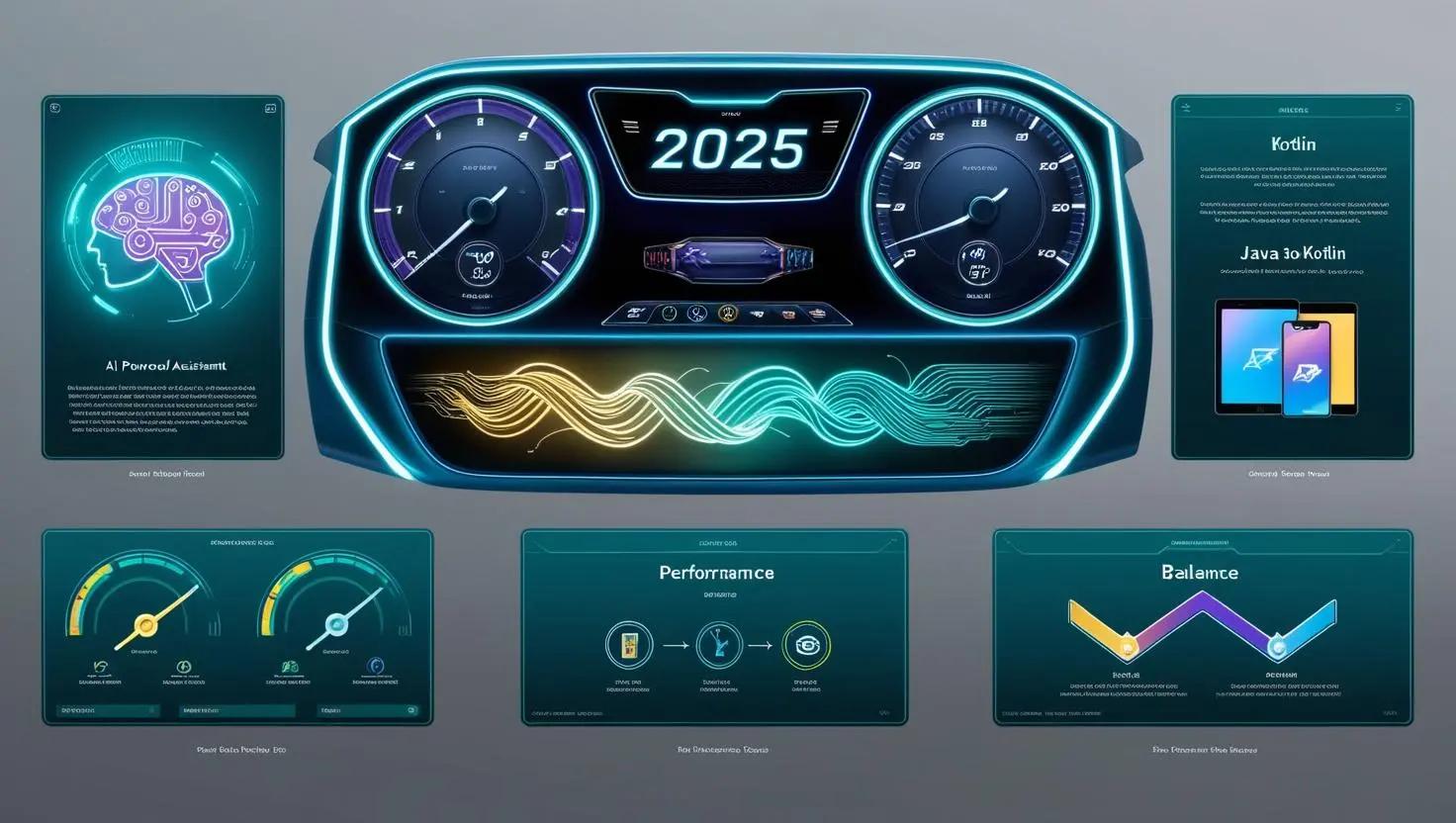 Futuristic dashboard metaphor illustrating key features of modern Android IDEs in 2025, including AI-powered coding assistants, Kotlin optimization, performance, and cloud capabilities.