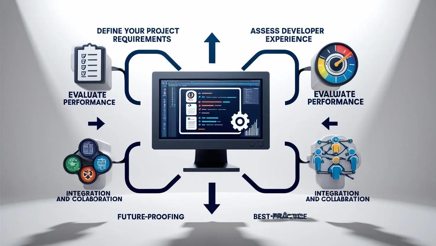 Infographic listing best practices for selecting the right Android IDE in 2025 under 'Top IDEs Every Android Developer Should Use in 2025', including defining project requirements, evaluating performance, assessing developer experience, integration and collaboration tools, and future-proofing strategies