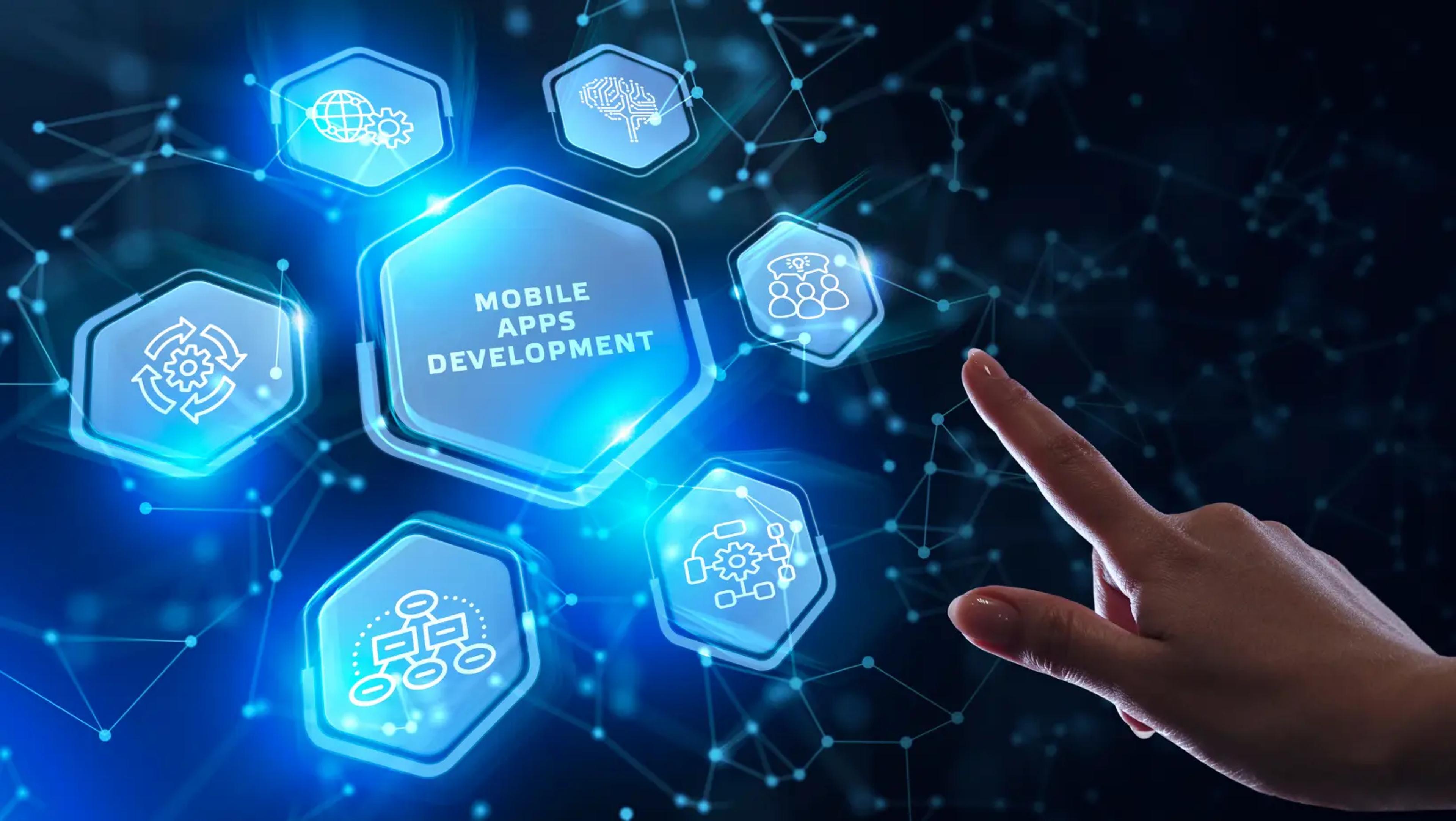 Futuristic interface displaying 'Mobile Apps Development' with a hand interacting, symbolizing Android App Development