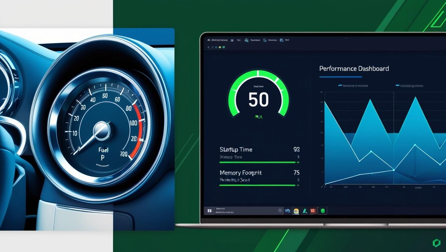 Split-screen comparison: Car dashboard fuel efficiency (left) vs 2025 cross-platform frameworks (MAUI, Flutter, Avalonia) performance metrics like startup time, memory footprint, and rendering speed (right).