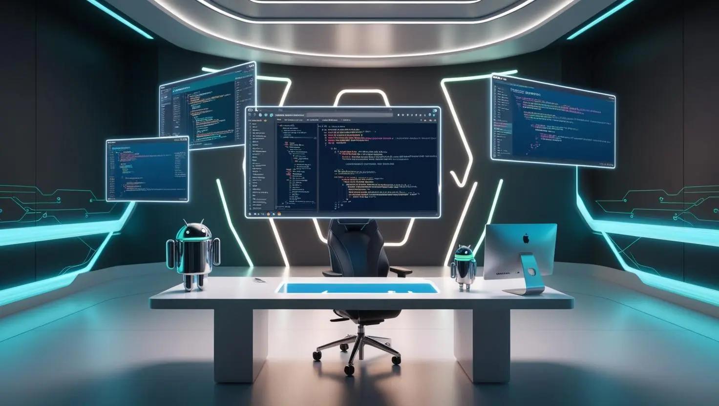 Futuristic Android development workspace showcasing multiple screens with code, AI-powered tools, and Android mascots—representing the best IDEs for Android developers in 2026.