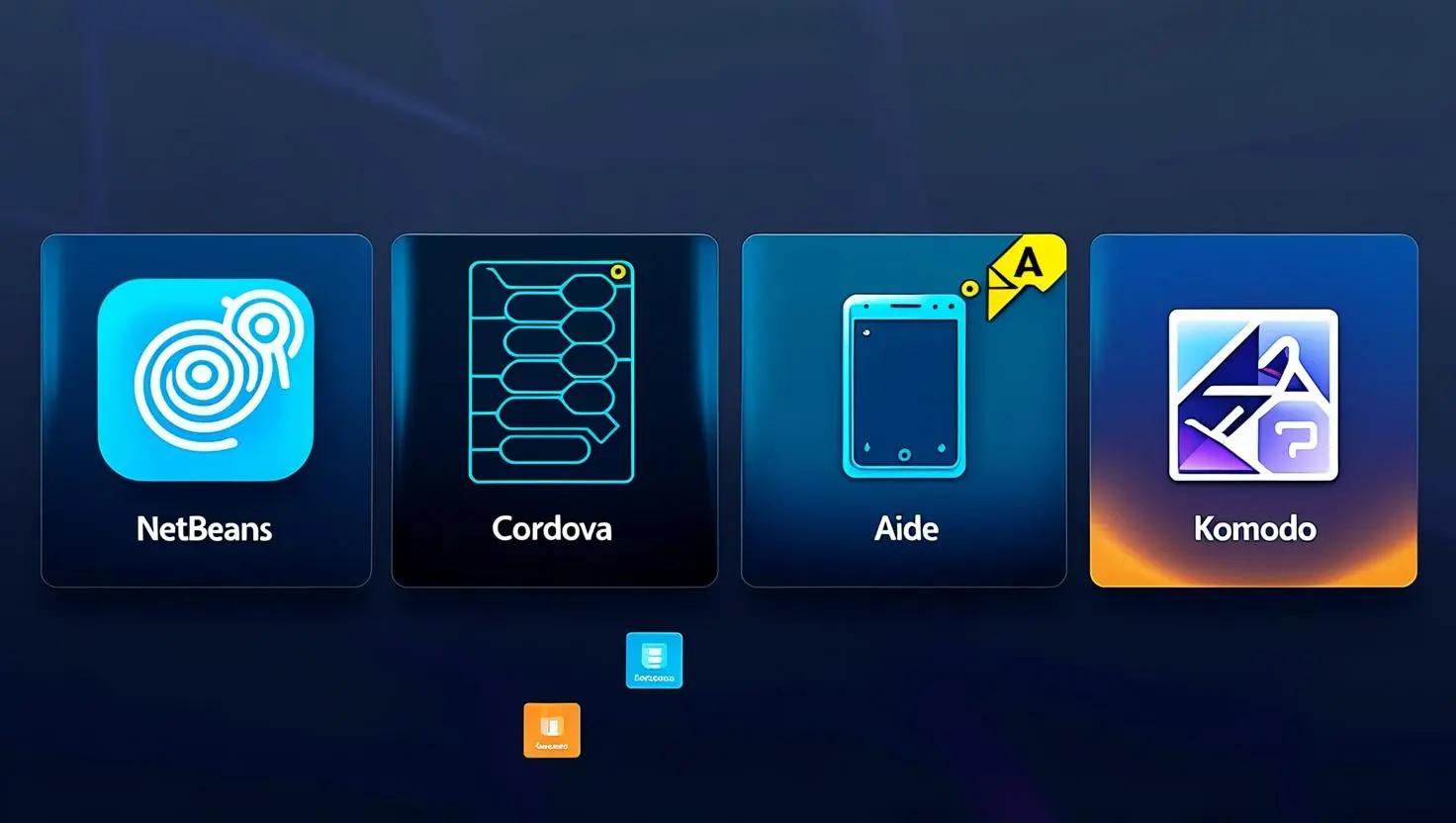 Logos of other noteworthy IDEs for Android development in 2025: NetBeans, Cordova, AIDE, and Komodo, featured under 'Top IDEs Every Android Developer Should Use in 2025