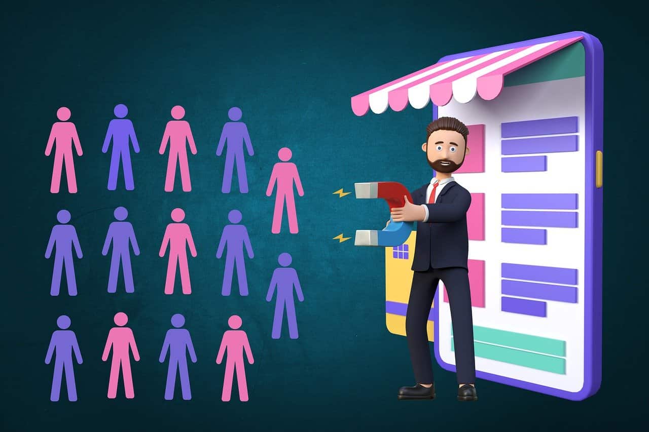 Lead Generation and Automation – 3D illustration of a businessman using a magnet to attract potential customers towards an online storefront, symbolizing automated lead generation strategies. Explore more in the brochures section at CodeAutomation.ai.