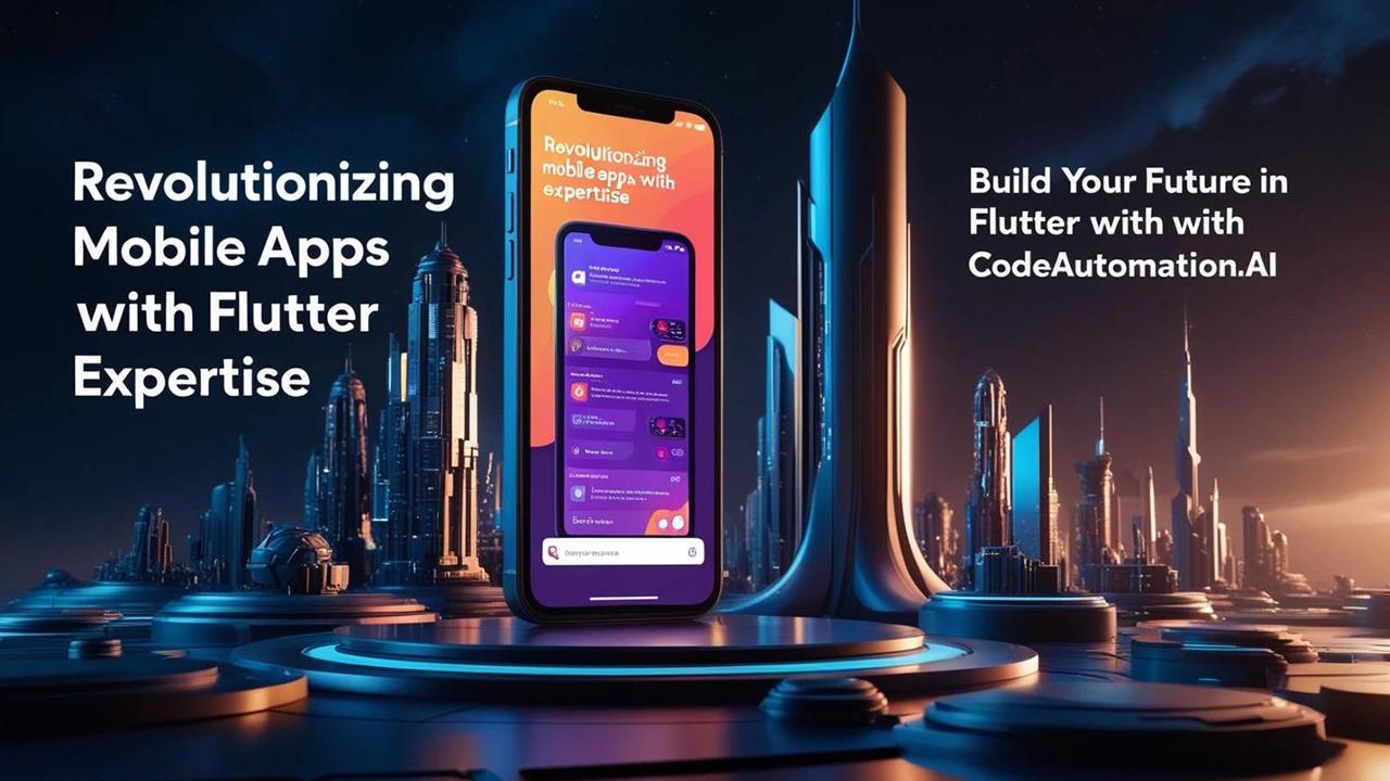 Futuristic cityscape with a smartphone interface, illustrating CodeAutomation.ai Flutter expertise for revolutionizing mobile apps and building your future in Flutter.
