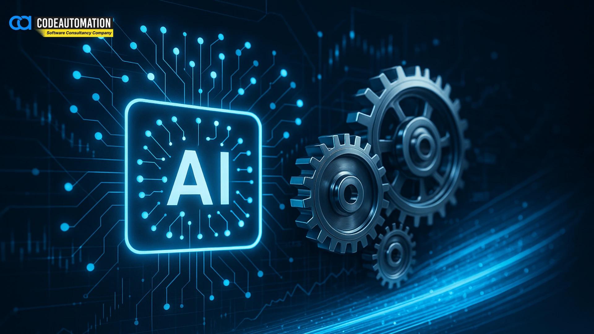 Digital illustration of AI technology with circuit patterns and gears, symbolizing how an AI Software Development Company like CodeAutomation.ai delivers innovative AI Software Development Services to help businesses automate processes and improve decision-making | https://codeautomation.ai/