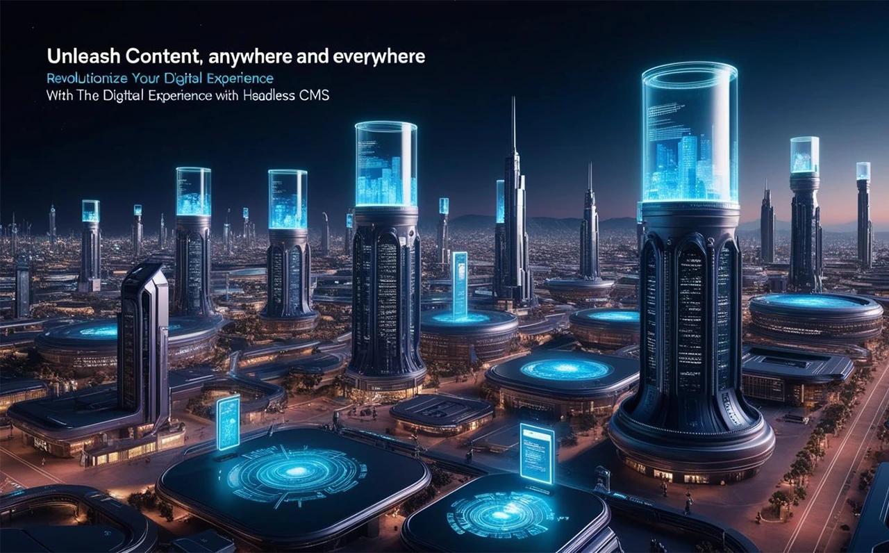 Futuristic cityscape illustrating headless CMS solutions by CodeAutomation.ai, empowering businesses to unleash content anywhere and revolutionize the digital experience.