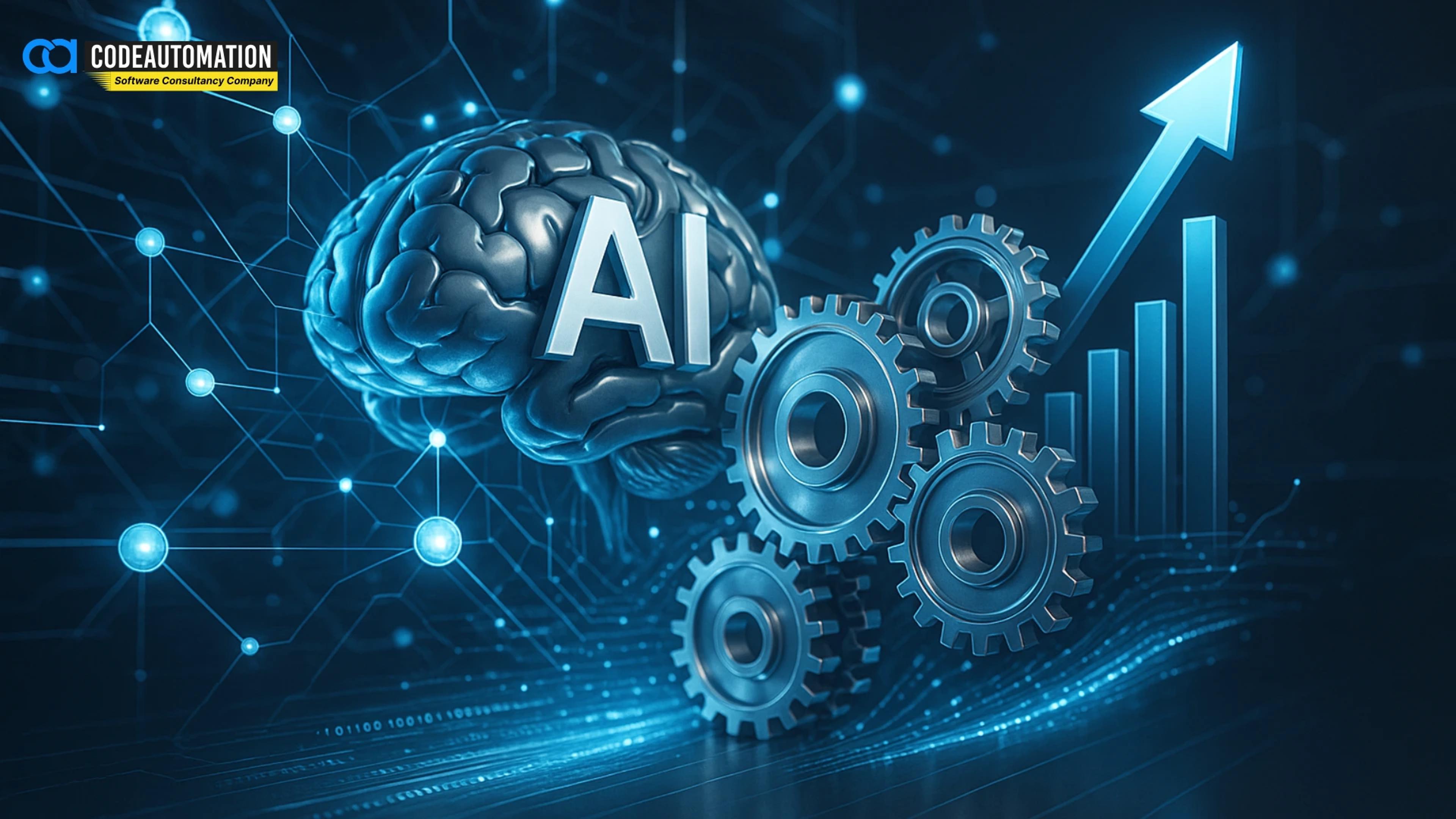 Hero image showing a digital AI brain with gears and growth arrow, representing innovation and business growth by CodeAutomation.ai – an AI Software Development Company offering tailored AI Software Development Services | https://codeautomation.ai/