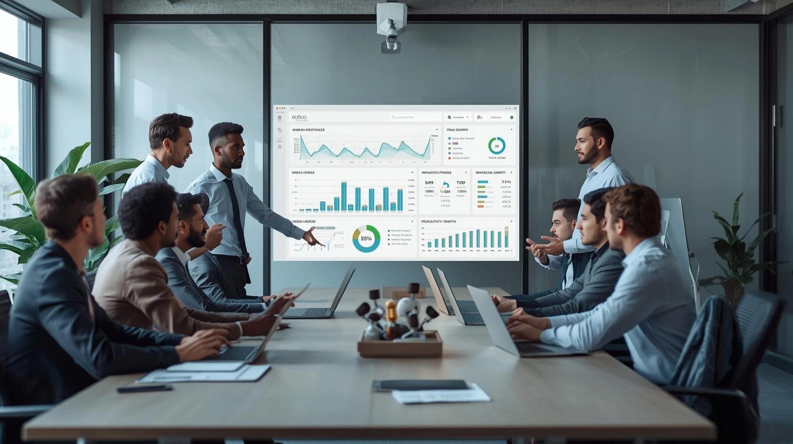 Professional business team reviewing an Odoo ERP dashboard showing sales, inventory, finance, and project data in a modern office environment, representing how CodeAutomation helps businesses streamline operations, improve visibility, and scale efficiently using Odoo ERP solutions.
