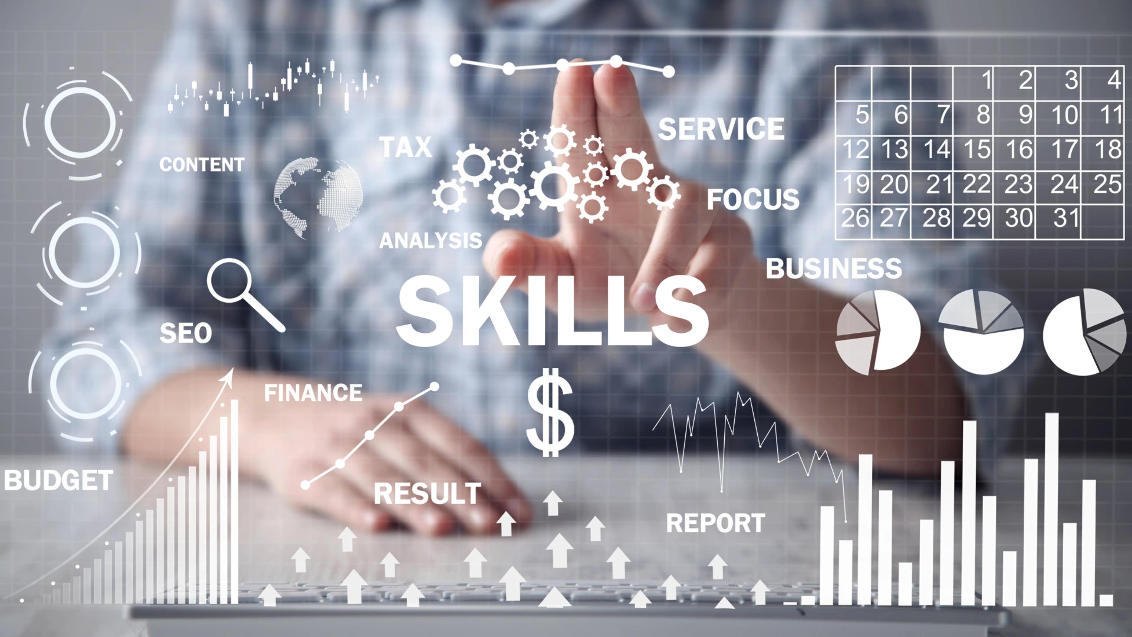 Person interacting with a digital interface displaying various business and analytical icons, emphasizing skills, finance, and growth at https://codeautomation.ai/