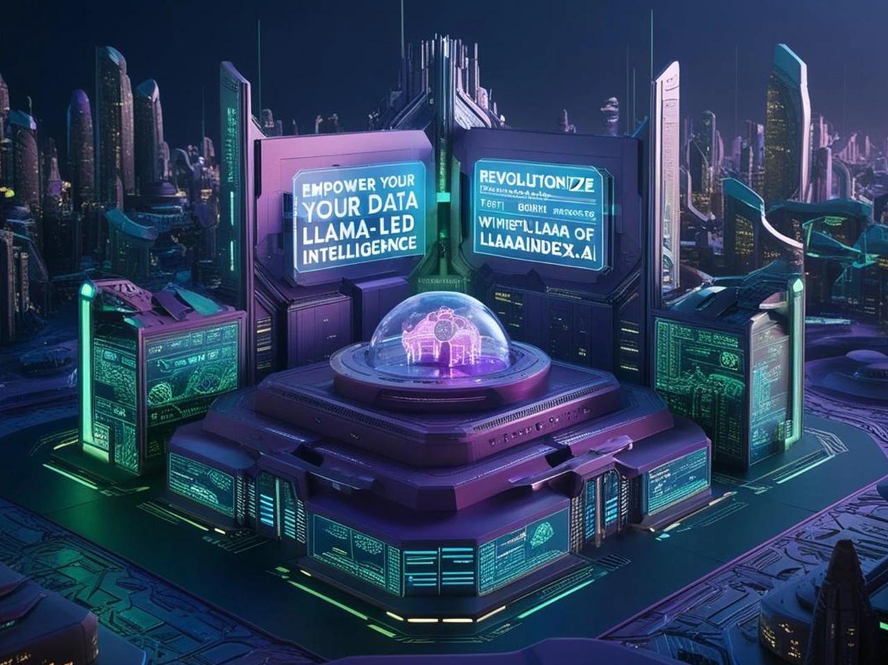 Futuristic cityscape illustrating LlamaIndex.AI data intelligence, highlighting how CodeAutomation.ai empowers businesses to revolutionize analytics with Llama-led insights.