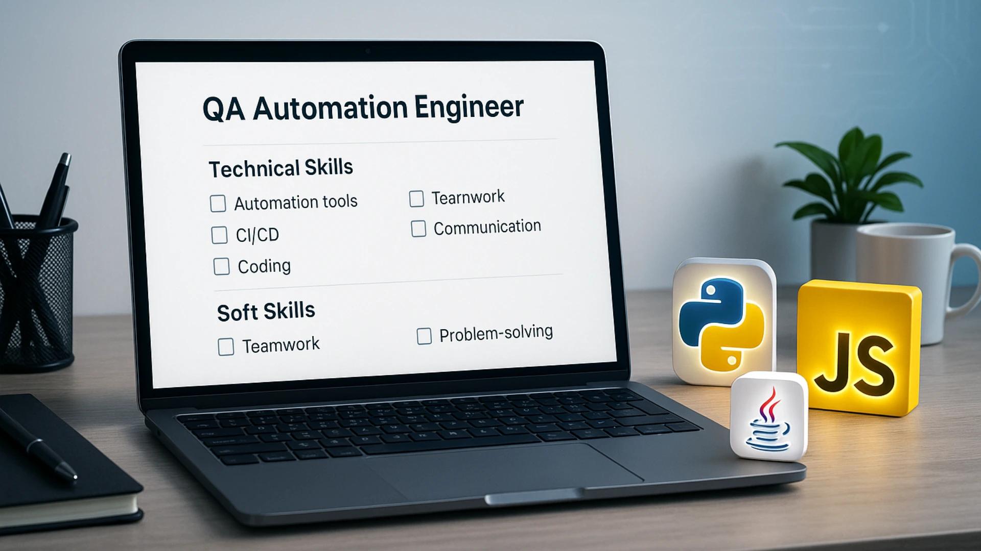 QA Automation Engineer skills checklist on a laptop, featuring technical skills like automation tools, CI/CD, and coding, with soft skills like teamwork and problem-solving, complemented by Python, JavaScript, and Java icons.