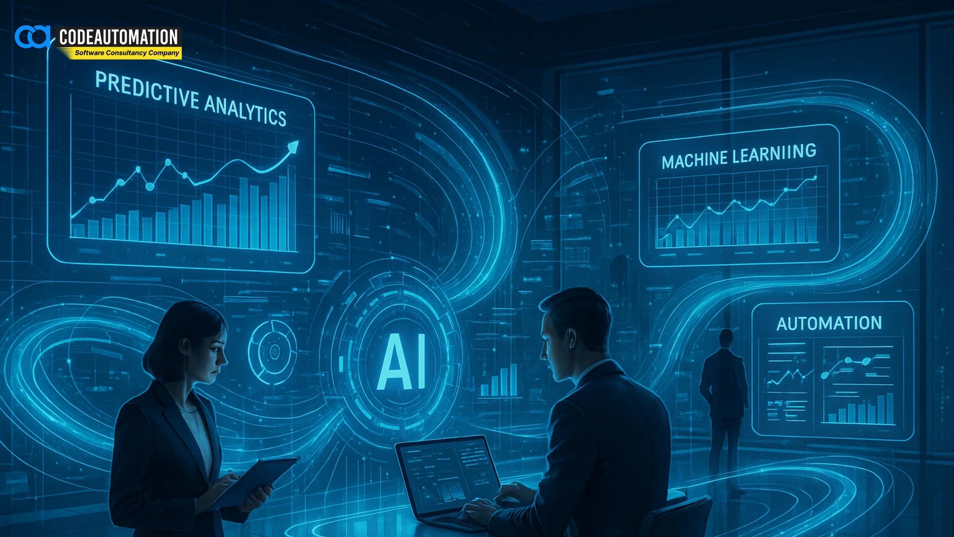 Futuristic business team analyzing predictive analytics, machine learning, and automation dashboards, reflecting how CodeAutomation.ai as an AI Software Development Company provides AI Software Development Services that help businesses stay competitive in 2025 and beyond | https://codeautomation.ai/