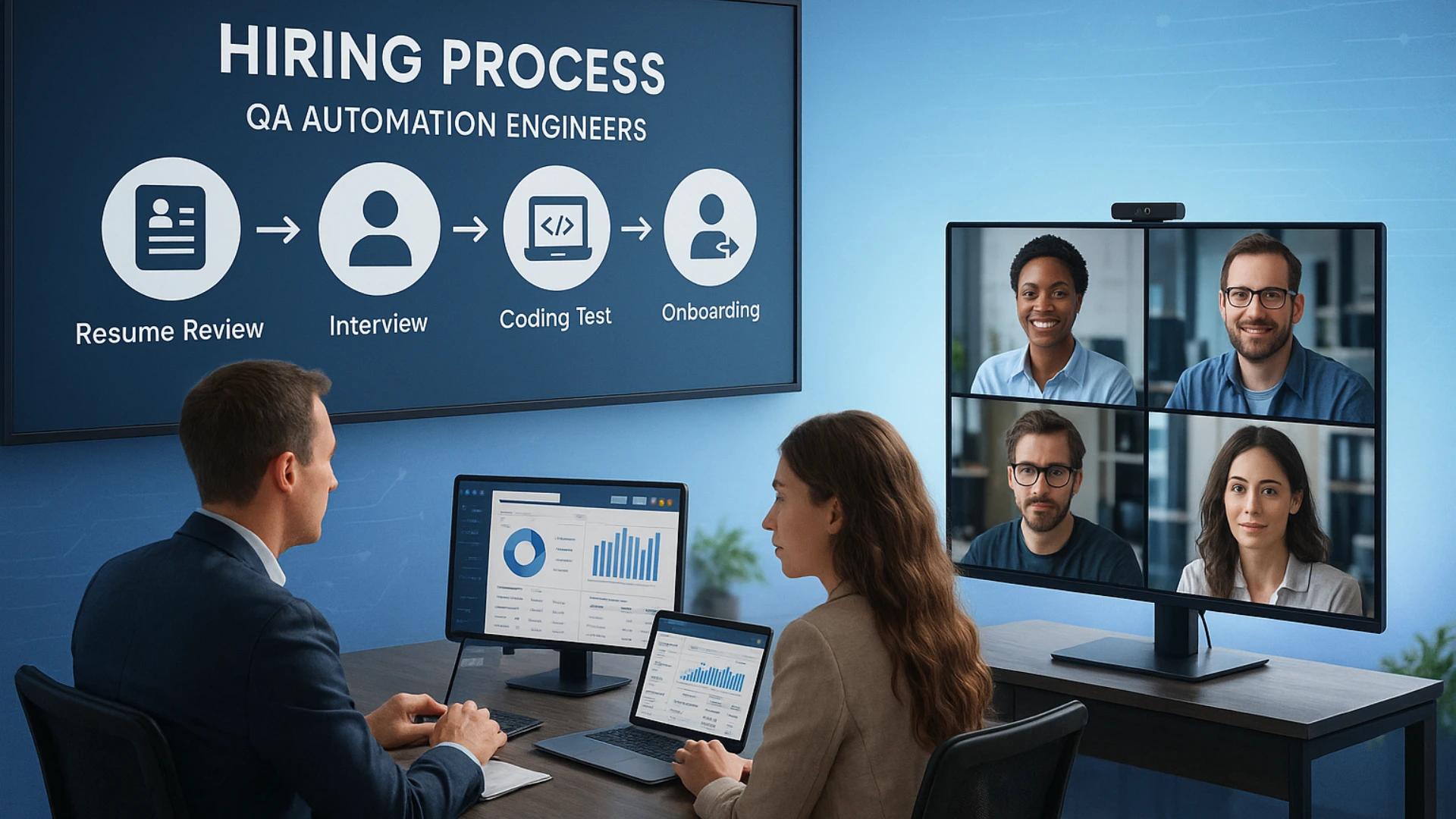 QA automation engineers discussing the hiring process, from resume review to onboarding, with a visual representation of each step and a video conference with candidates, highlighting the remote interview process.