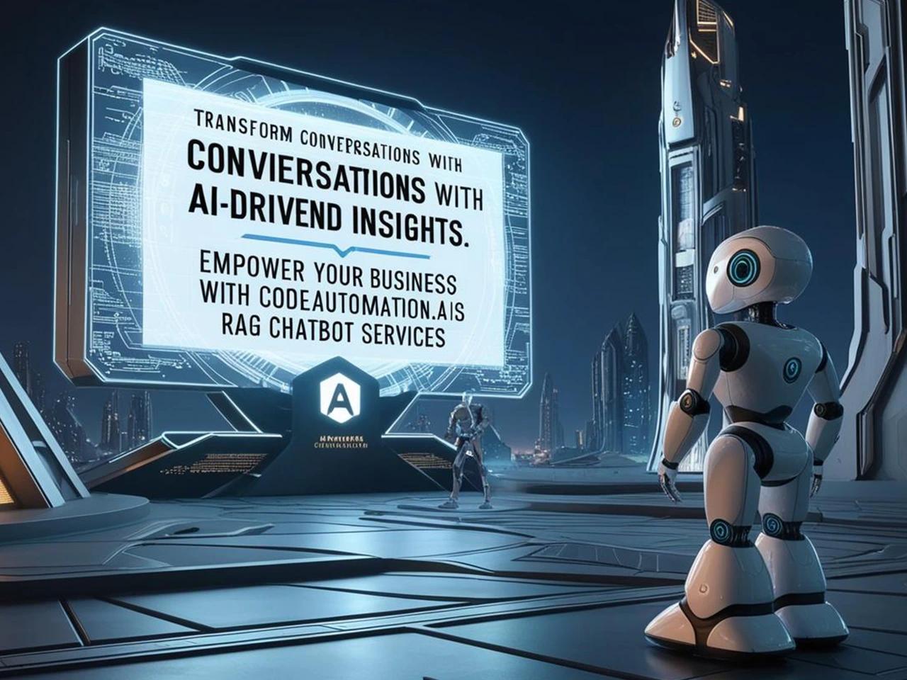Futuristic AI environment showcasing CodeAutomation.ai RAG ChatBot Services, empowering businesses to transform conversations with AI-driven insights