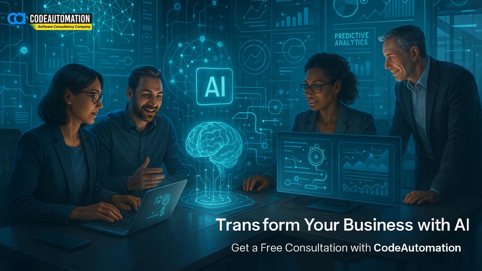 Business team collaborating with AI and predictive analytics dashboards, illustrating how CodeAutomation.ai as an AI Software Development Company provides AI Software Development Services tailored to optimize operations, drive growth, and enhance customer engagement | https://codeautomation.ai/"