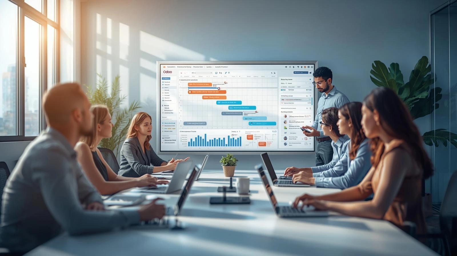 Business teams using updated Odoo ERP dashboards with project timelines, task tracking, eCommerce orders, and mobile access on multiple devices, showing how Odoo 19 features improve productivity, visibility, and daily operations with guidance from CodeAutomation.