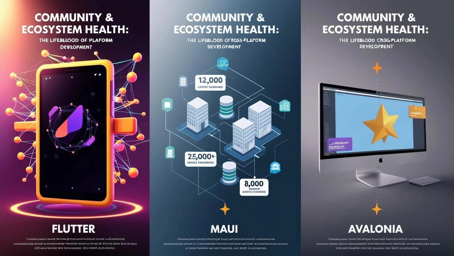 "Comparison of Flutter, MAUI, and Avalonia community growth in 2025. Flutter leads with 12M+ developers and 25K+ packages, MAUI thrives with enterprise-driven NuGet support, and Avalonia maintains a dedicated niche for desktop applications. Insights on ecosystem health for cross-platform development. CodeAutomation.ai