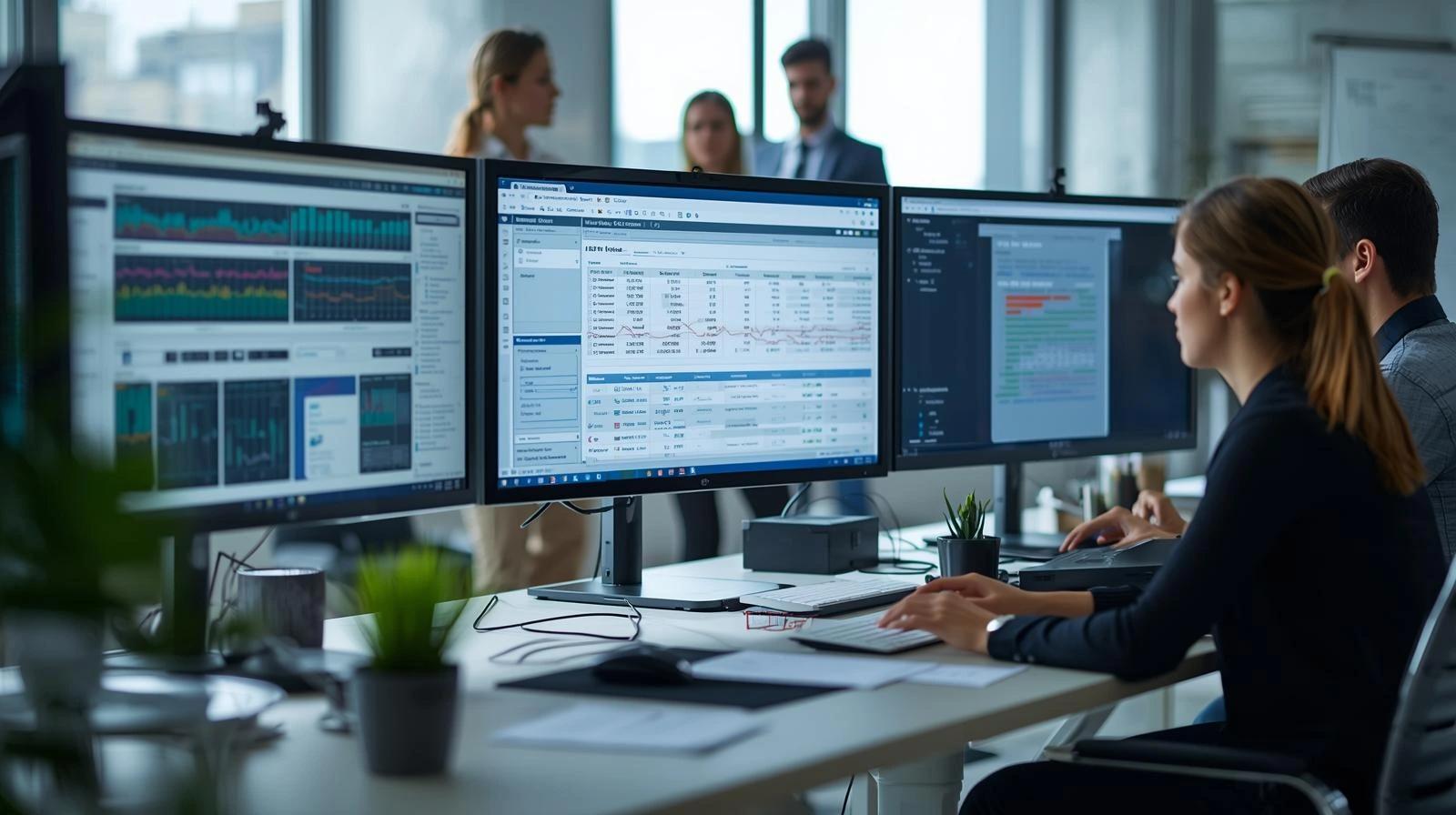 Business and IT teams reviewing Odoo ERP data migration and system integration on screen, showing customer, inventory, and financial data moving into Odoo while connected tools work together, reflecting how CodeAutomation ensures smooth Odoo data migration, API integration, and uninterrupted business operations.