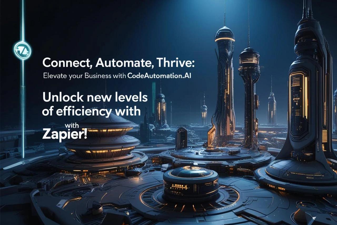 Futuristic cityscape showcasing advanced Zapier integrations by CodeAutomation.ai, empowering businesses to connect, automate, and thrive with streamlined operations