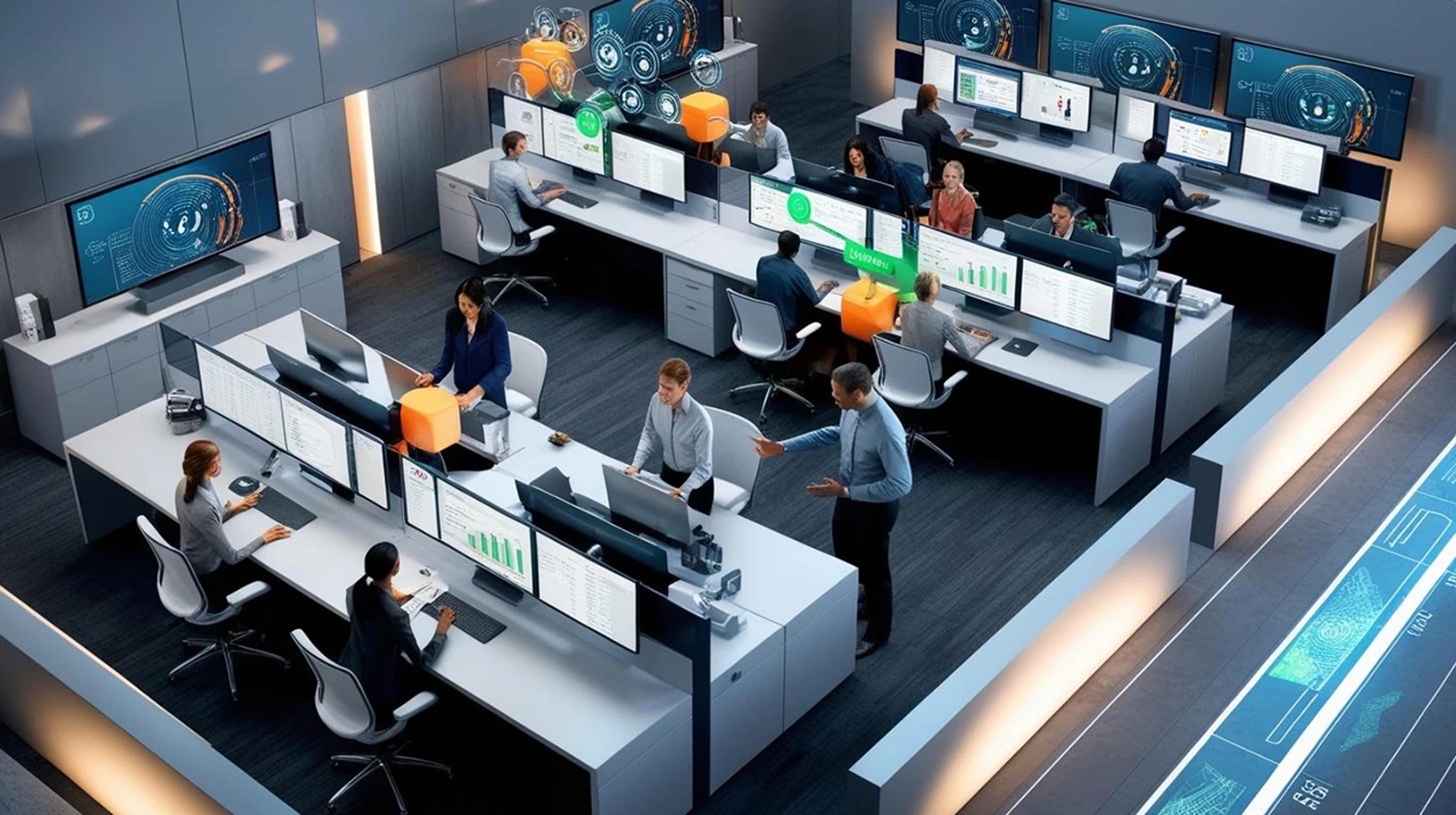 Modern AI-powered contact center environment showcasing CodeAutomation.ai solutions for enhanced customer experiences through data-driven insights and operational flexibility