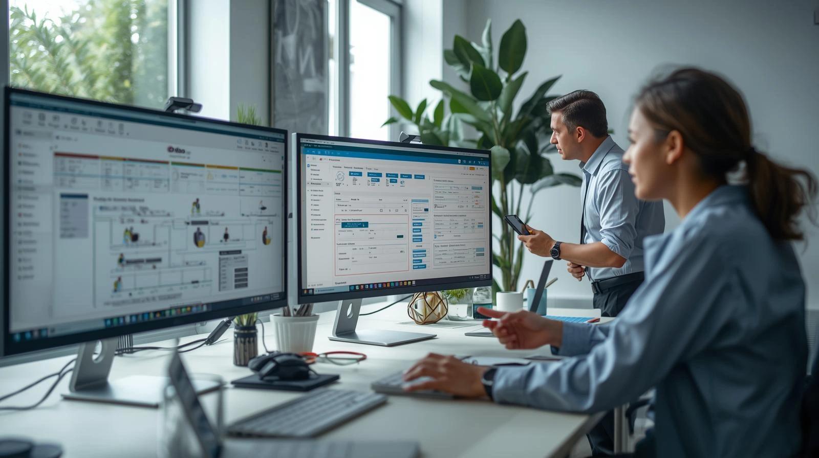 Business team customizing Odoo ERP workflows, CRM pipelines, and inventory processes on screen, showing how CodeAutomation helps businesses adapt Odoo to daily operations, integrate existing tools, and improve efficiency with customized Odoo ERP solutions.