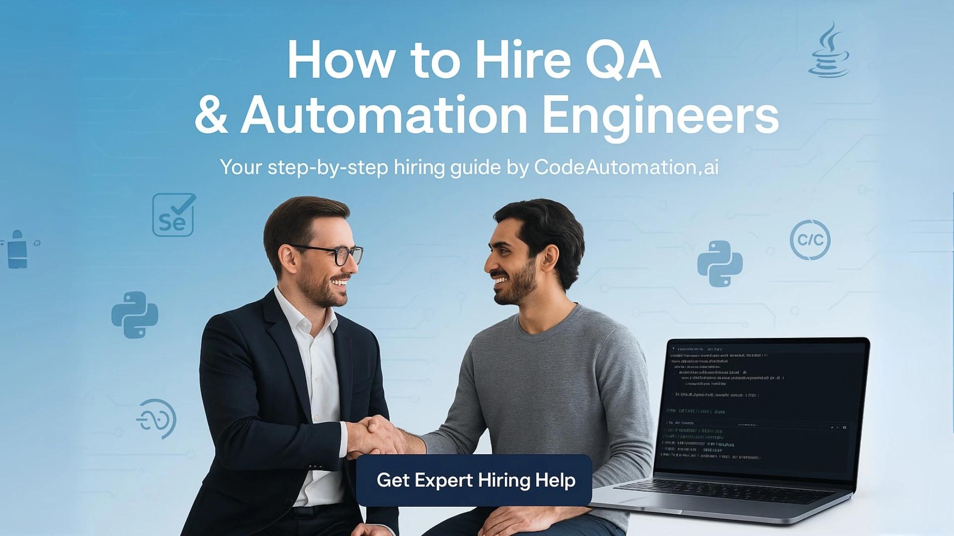 QA and Automation Engineers shaking hands with programming languages and tools (Python, Java, Selenium, C/C++) in the background, symbolizing the process of hiring expert QA automation engineers with CodeAutomation.ai's guide.