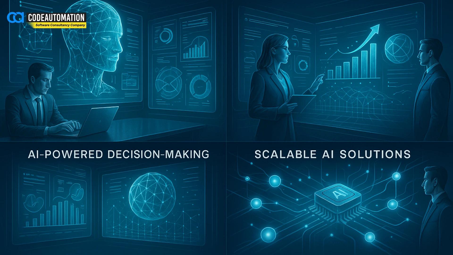 Graphic showing AI-powered decision-making and scalable AI solutions, highlighting how CodeAutomation.ai as an AI Software Development Company delivers trusted AI Software Development Services tailored for business growth and measurable outcomes | https://codeautomation.ai/"