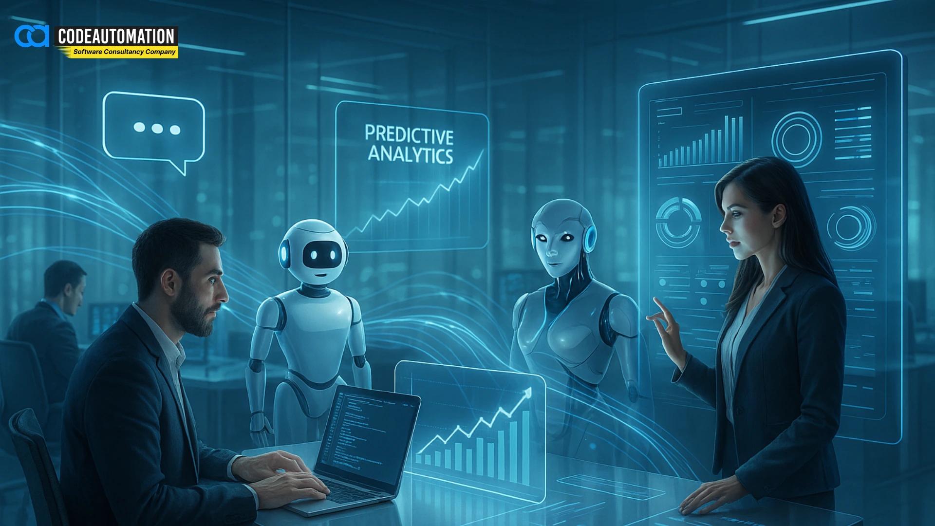 Business team working with AI robots and predictive analytics dashboards, symbolizing how CodeAutomation.ai as an AI Software Development Company provides AI Software Development Services that improve decision-making, boost efficiency, and enhance customer engagement | https://codeautomation.ai/