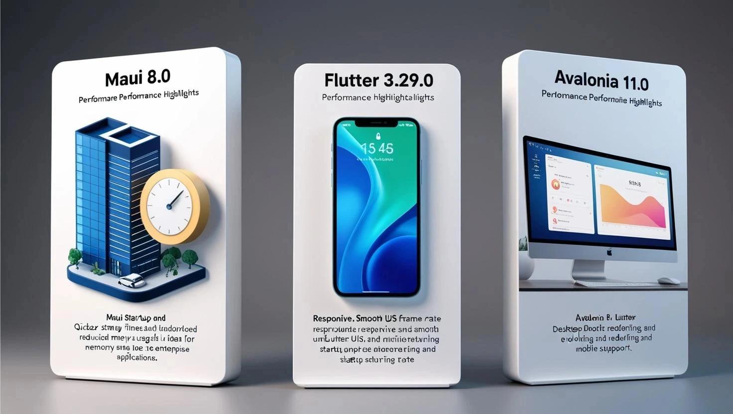 Three-panel infographic comparing 2025 cross-platform frameworks: MAUI 8.0 (enterprise-ready with fast startup & low memory), Flutter 3.29.0 (fluid UI, smooth animations), and Avalonia 11.0 (desktop-optimized rendering & resource efficiency).